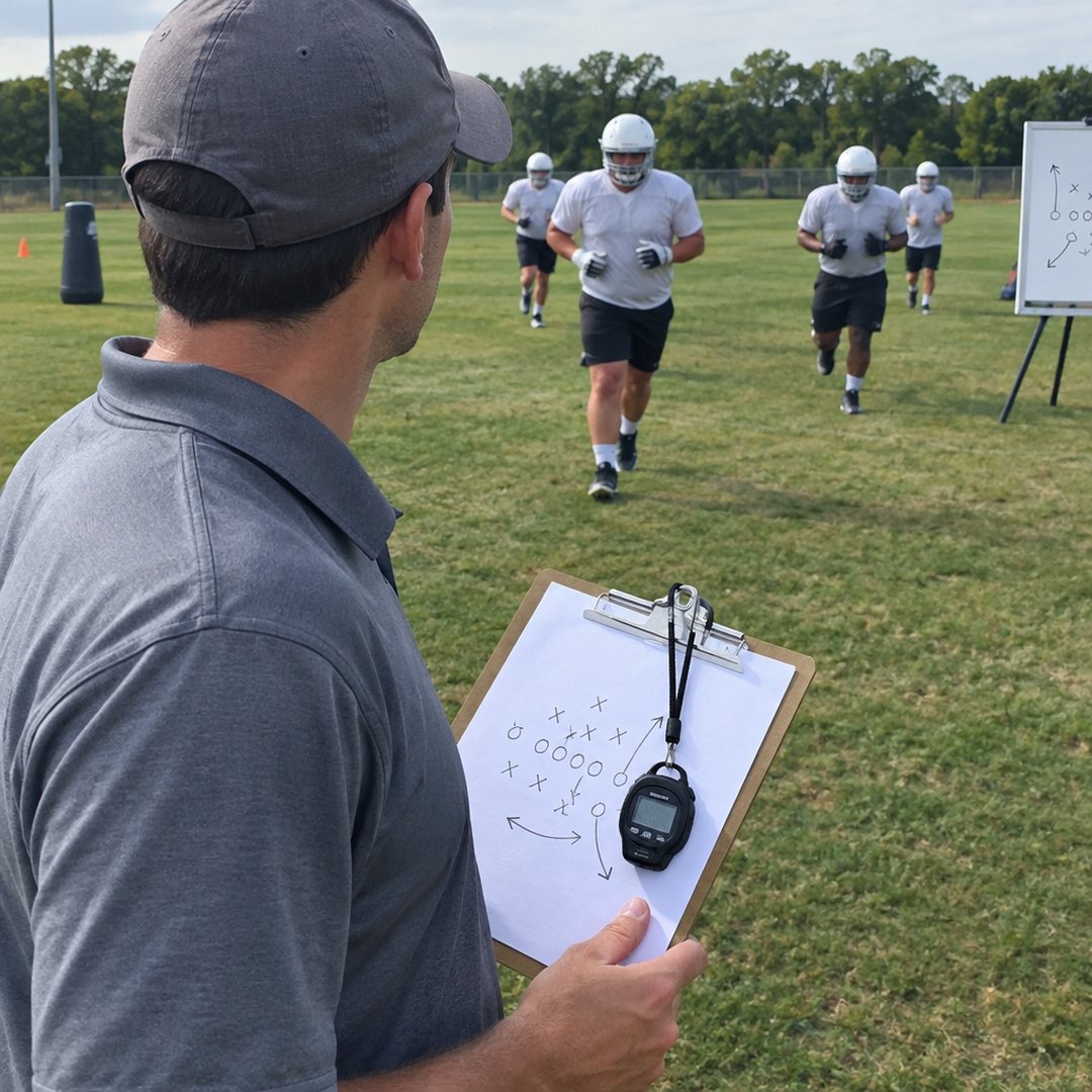 Coach with a clipboard watching his offensive linemen