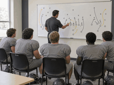 A coach teaching blocking rules to his offensive line